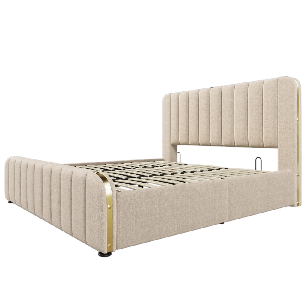 DESMIU Lit coffre 180 × 200 cm 2 posti con USB e Type-C, senza materasso, in lino, beige