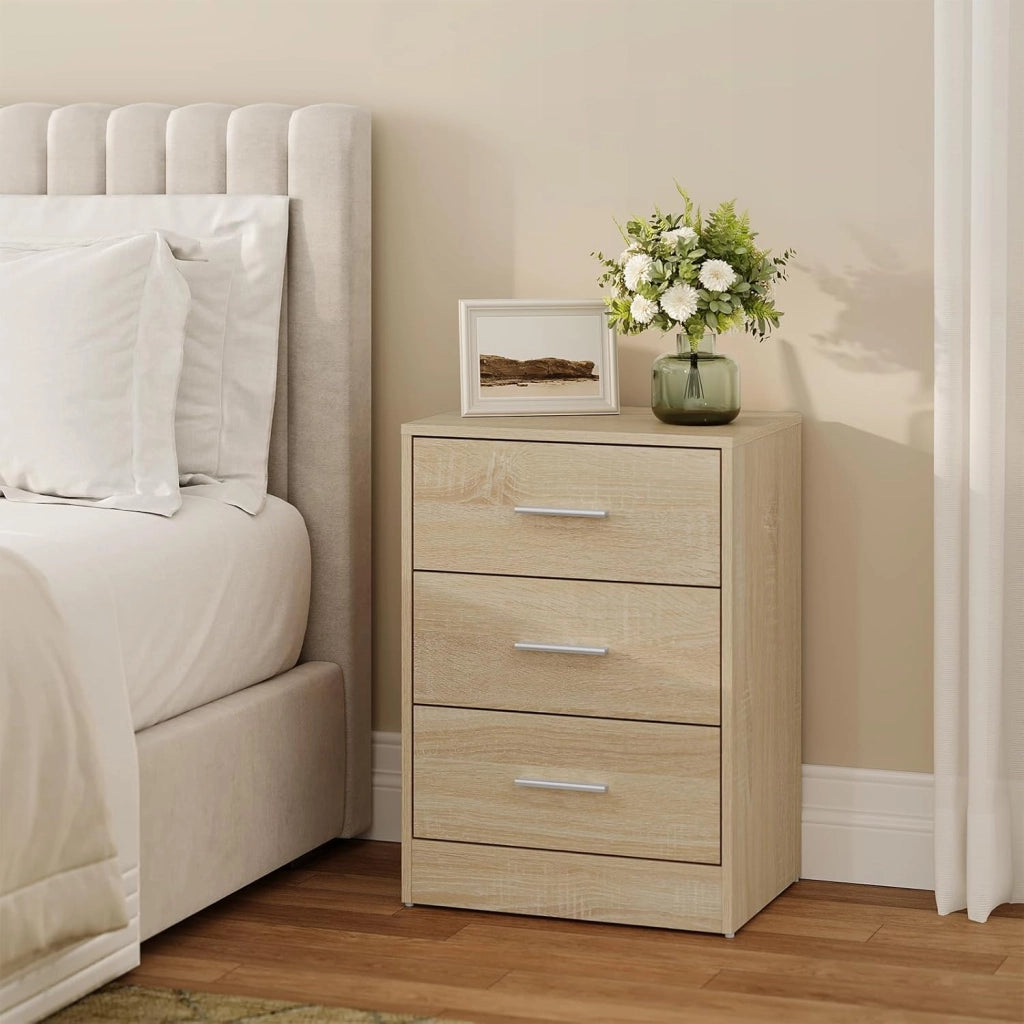 Set di 2 Comodini Moderni con 3 Cassetti, Grande Capacità, Tavolino da Letto per Camera da Letto, Soggiorno e Ufficio, 39x28x54cm, Rovere Chiaro, NTS26hei-2