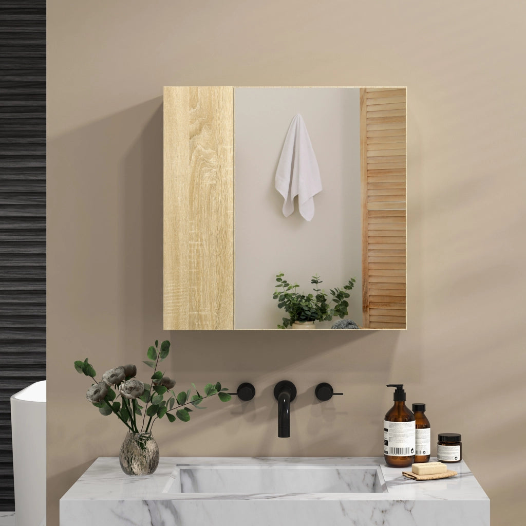 Mobile da bagno con Specchio e 4 Ripiani interni, in truciolato, 60x15x60cm, color Legno