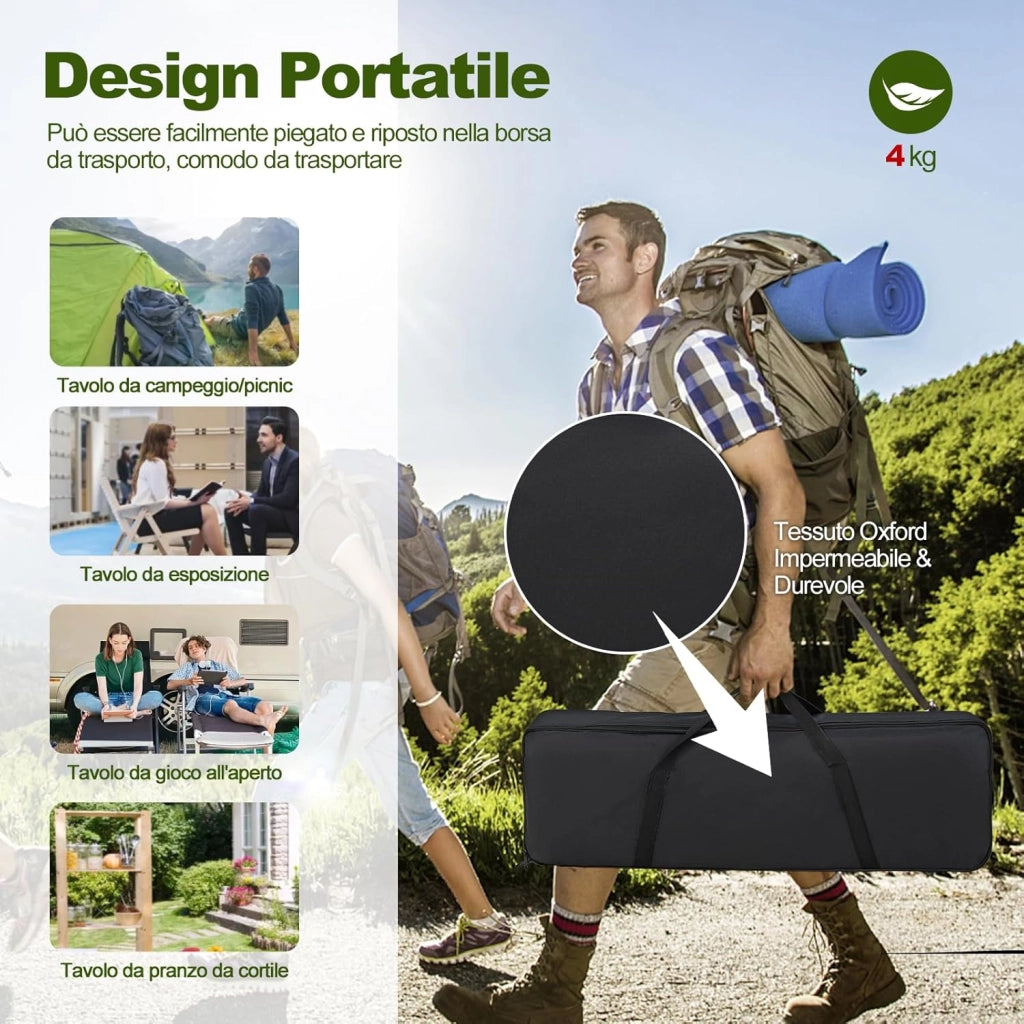 Tavolo da Campeggio Pieghevole in Alluminio, Altezza Regolabile a 4 Livelli, Tavolo da Picnic con Borsa, Peso Netto 4 kg，Tavolino da Esterno e Interno Portatile, 90x60,5x52 cm (argento)