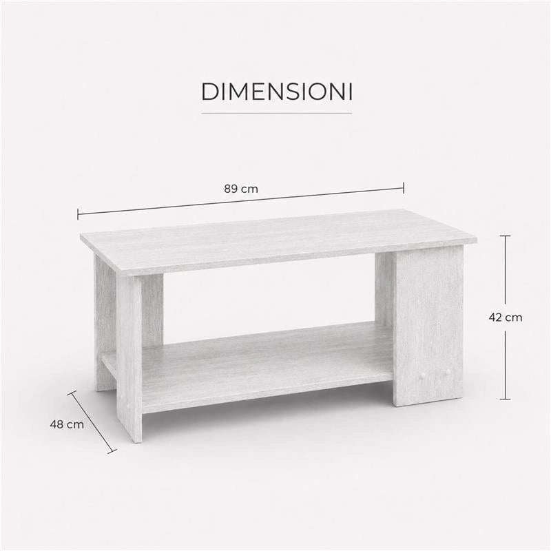 TAVOLO DA CAFFÈ IN LEGNO BIANCO CON RIPIANO E 4 SUPPORTI DIMENSIONI 89X48X42CM