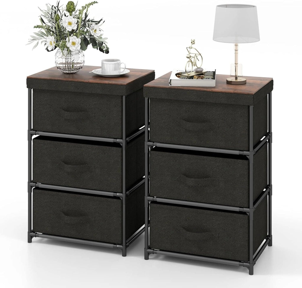 Cassettiera in Tessuto, Mobile con 3 Cassetti e Struttura Robusta in Metallo, Armadio per Camera da Letto, Soggiorno, Ingresso, 40 x 30 x 62 cm (Nero 2 Pezzi)