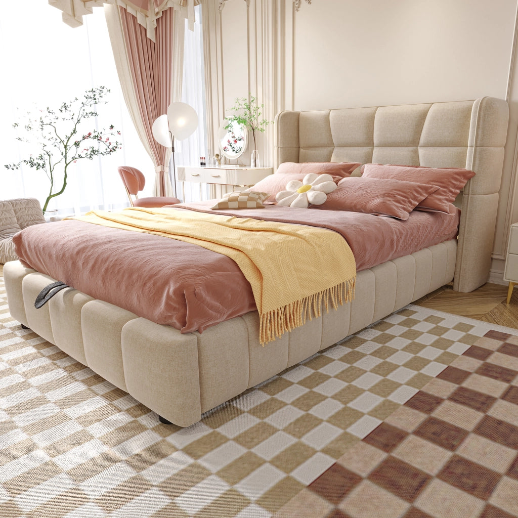Letto per bambini 90 × 200 cm con contenitore sollevabile, testiera imbottita, senza materasso, beige
