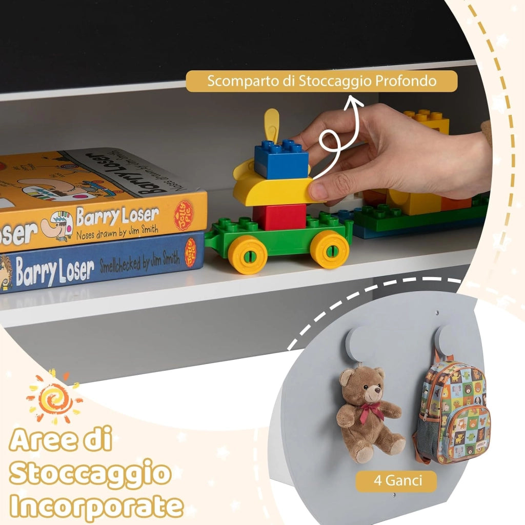 Set Tavolo e Sedia per Bambini 3+ Anni, Tavolo Multifunzionale con Lavagna Bifacciale, Ripiano e 4 Ganci Laterali, Sedia Comoda con Cassetto Rimovibile per Cameretta e Asilo (Grigio)