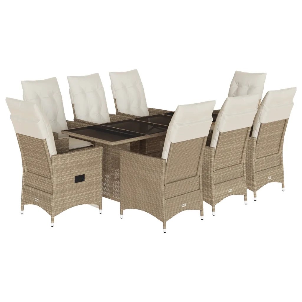 Set da Pranzo da Giardino 9 pz con Cuscini Beige in Polyrattan