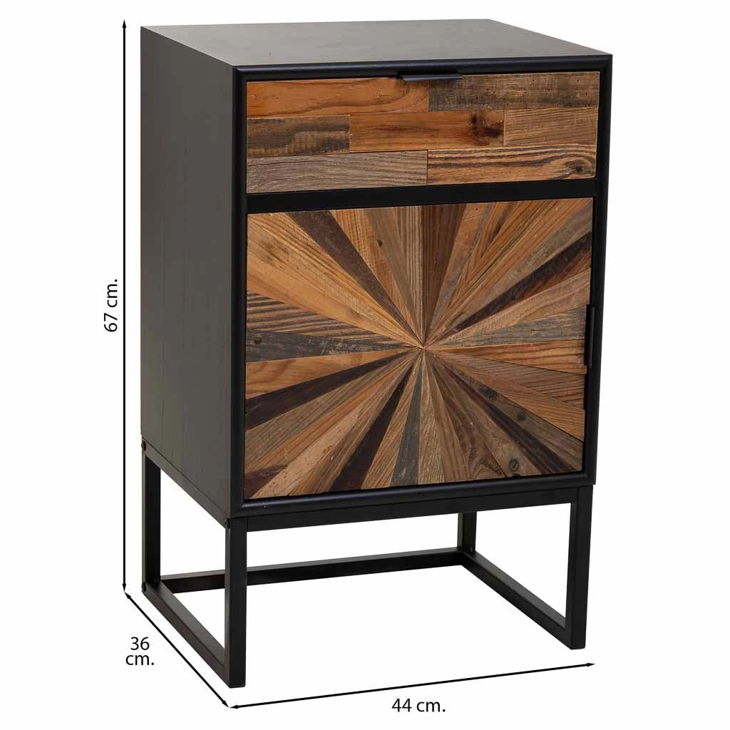 Comodino in legno e metallo con 1 cassetto e 1 porta marrone 44x36x67