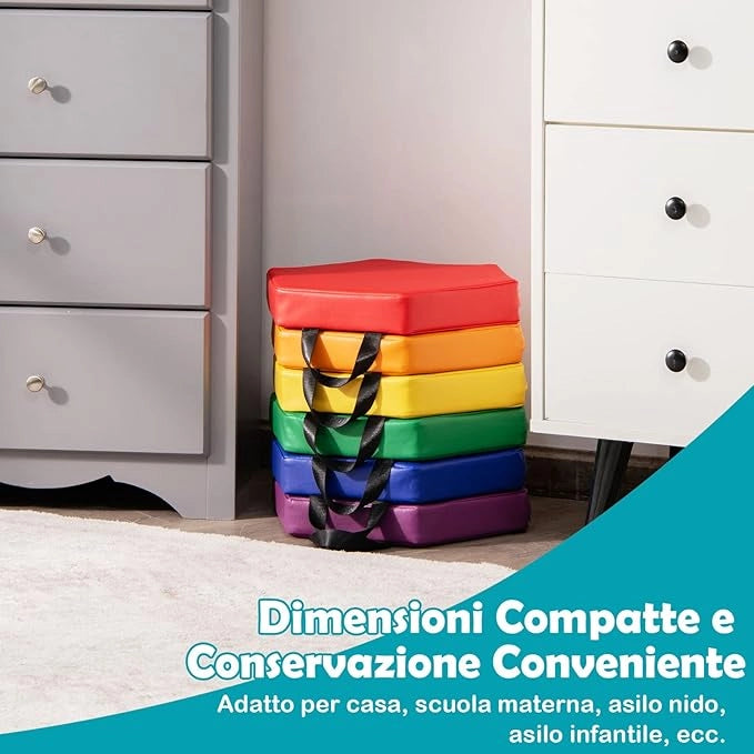 6 Cuscini Esagonali per Bambini con Maniglie, Imbottitura in Schiuma di 5 cm, Sedili Portatili e Flessibili per Asilo Nido, 38 x 34 cm (Arcobaleno)