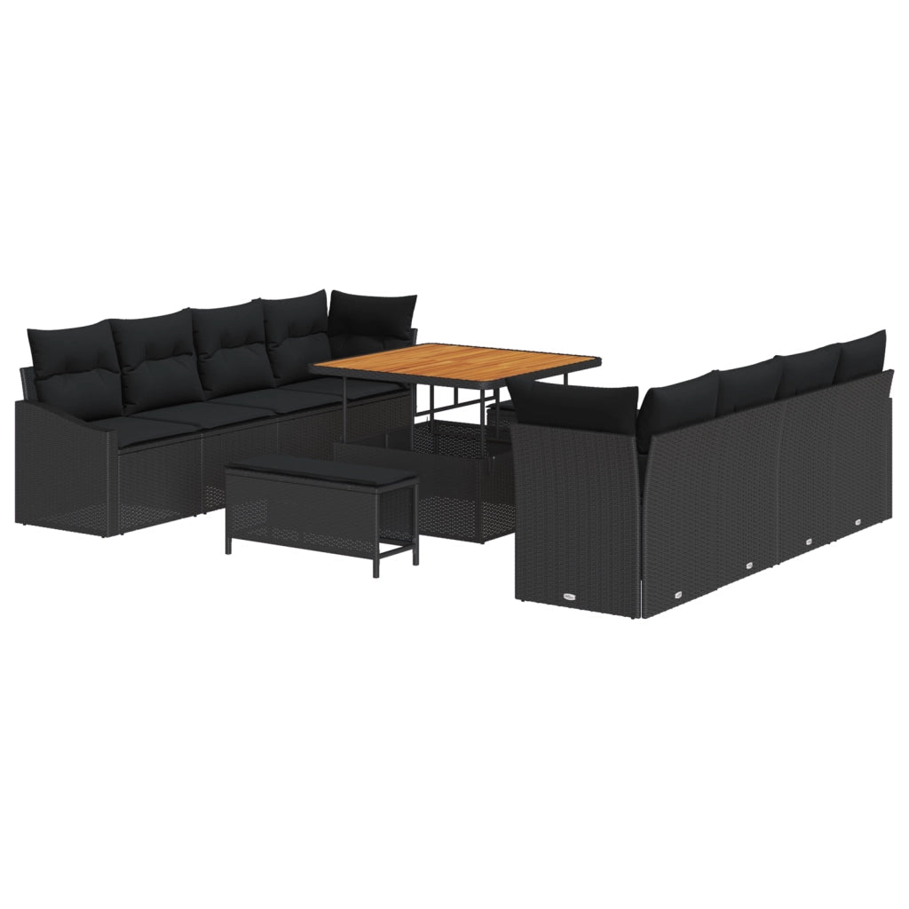 Set di Divani da Giardino 11 Pezzi con Cuscini Nero Polyrattan Acacia