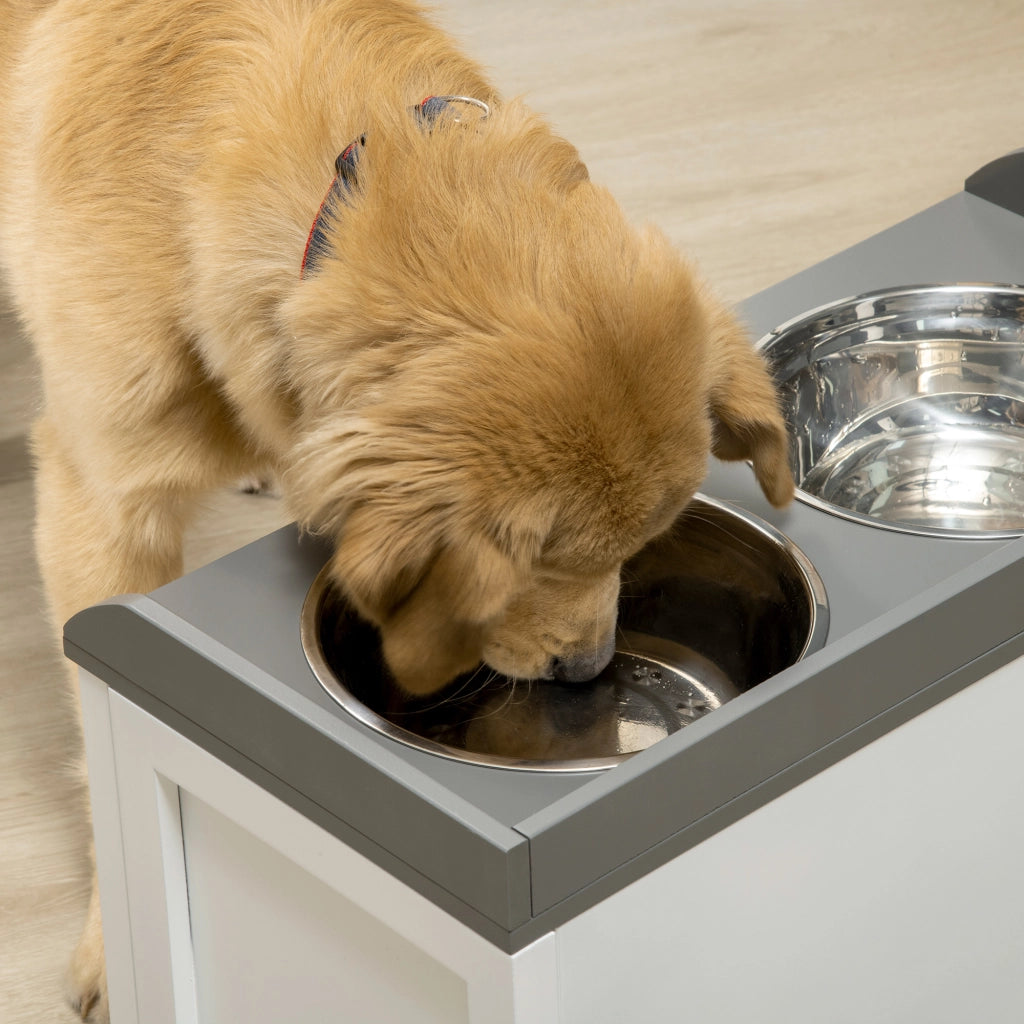 Ciotola Elevata per Cani e Gatti 2 in 1 ¨C zephmum ¨C Bianco Grigio, MDF, Acciaio Inox