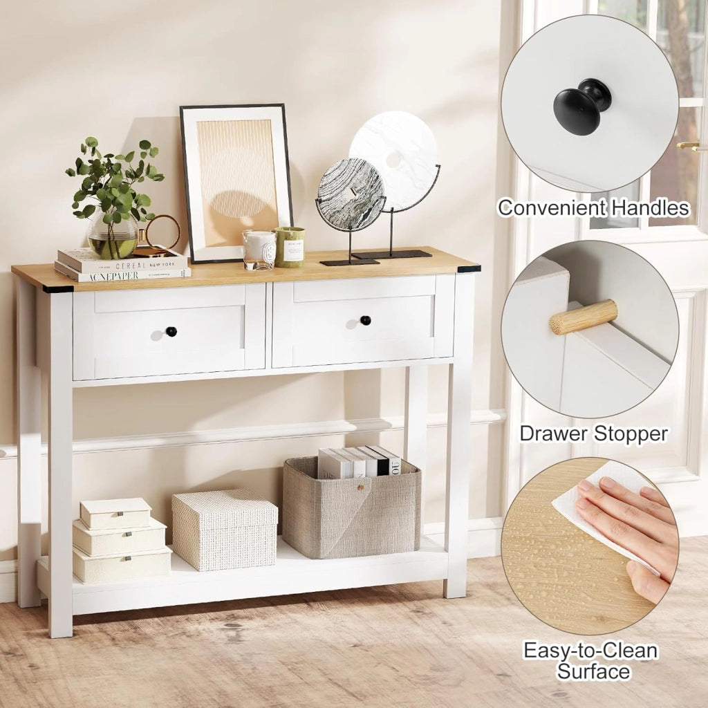 Tavolo Consolle Bianco 106 x 30 x 81,5 cm, Consolle Ingresso con 2 Cassetti e Ripiano Aperto, Tavolino Slim Salvaspazio Moderno per Soggiorno, Corridoio e Camera da Letto