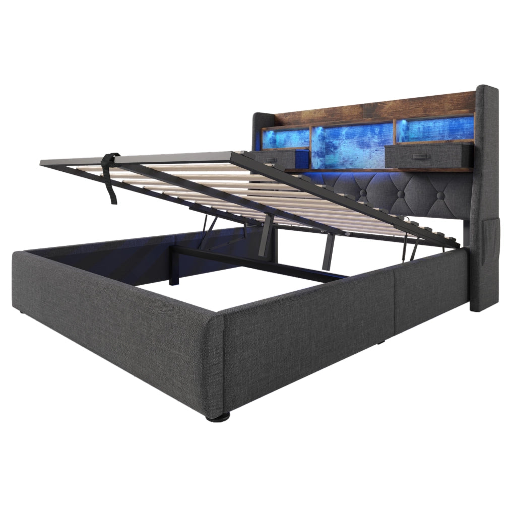 Letti contenitori 160x200 cm con contenitore idraulico e LED; lino grigio (Senza materasso)