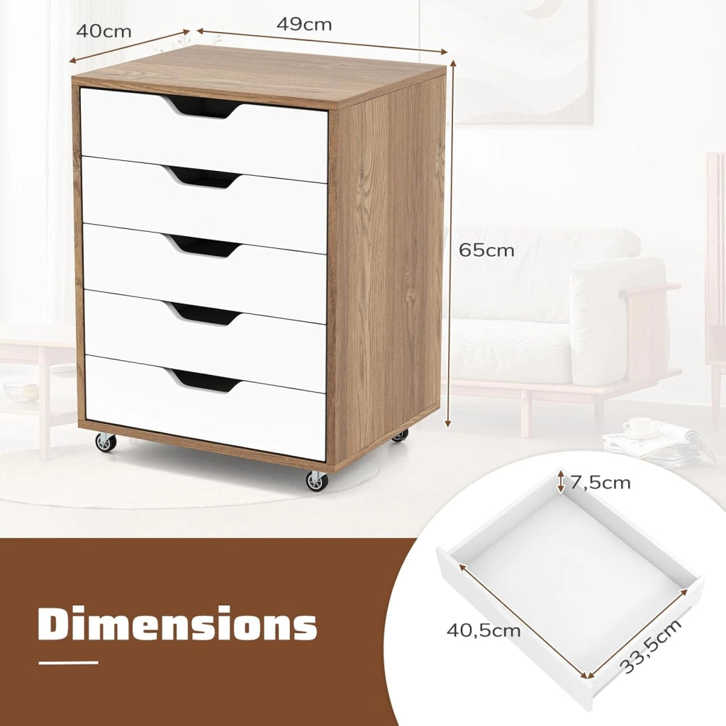 Cassetto da scrivania mobile con 5 cassetti da ufficio, mobile da ufficio, organizer con ruote, supporto per stampante per cartelle, documenti, documenti, carta, 48 x 39,5 x 69,5 cm (Naturale)