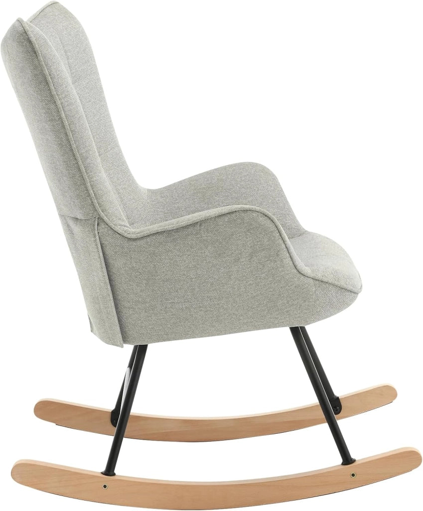 Sedia a Dondolo da Interno, Poltrona Relax con Braccioli e Schienale Alto, Sedia Imbottita in Flanella Per Salotto, Camera da Letto, Base in Metallo e Legno Massello Grigio, 69x90x95cm, SKS30gr