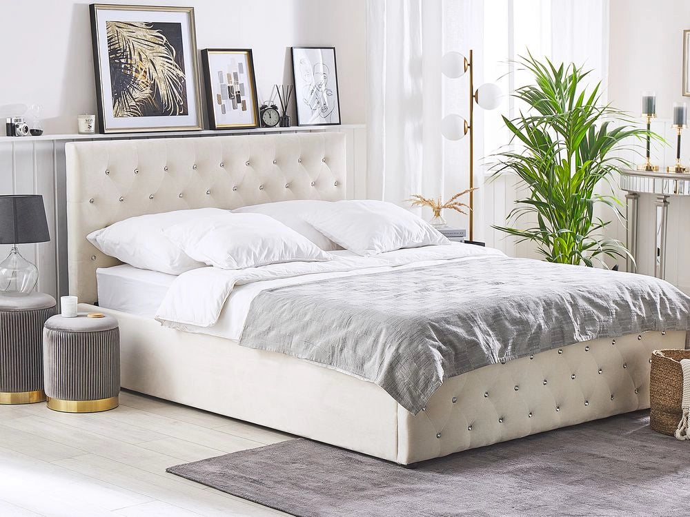 Letto Moderno Una Piazza e Mezzo con Contenitore Velluto Beige160 x 200 cm