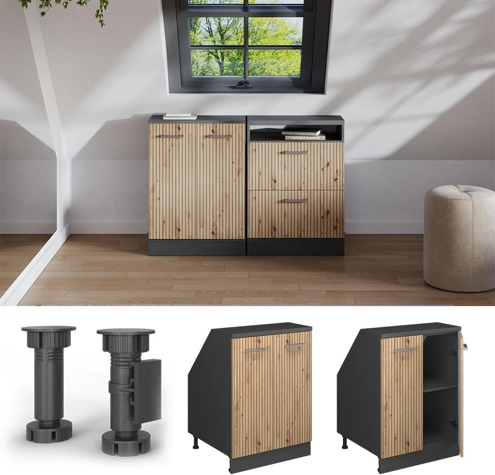 Mobile sottotetto Rion, Rovere artigianale, 60 x 81.6 cm con 2 porte, carcassa 60 cm profondità, adatto per il salvaspazio sotto tetti spioventi
