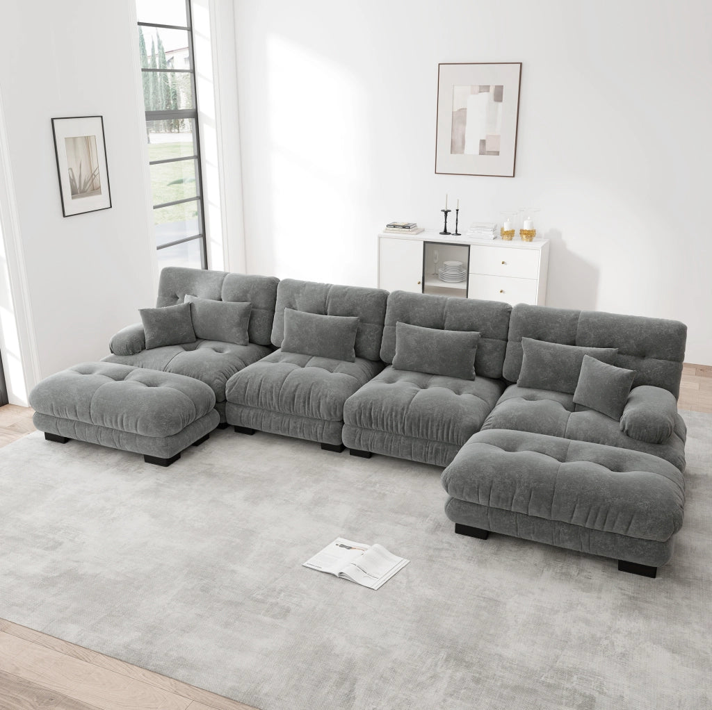 Divano modulare 406x145x81 cm con pouf mobili in chenille grigio