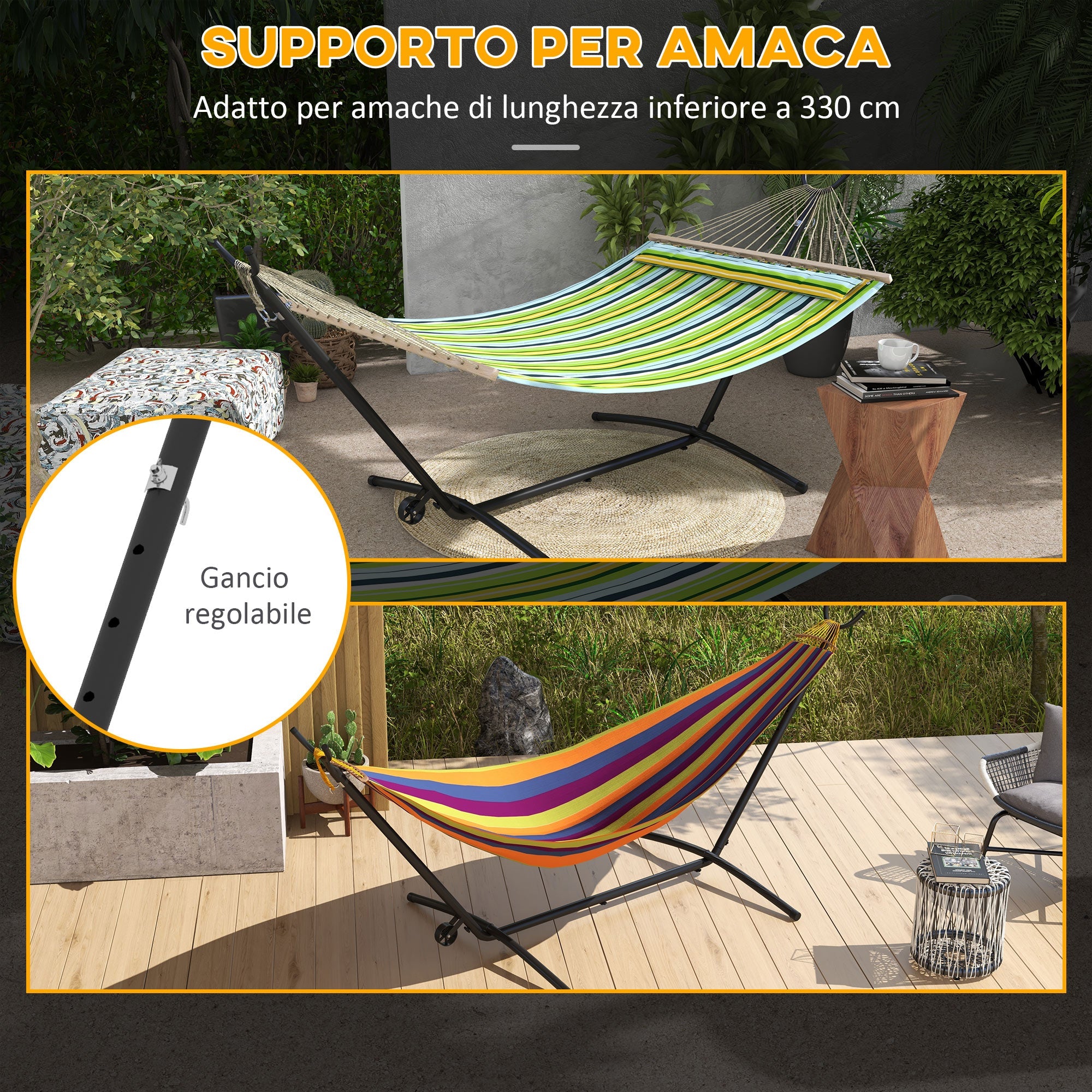 Supporto per Amaca da 330 cm max con 6 Fori e Rotelle 290x120x115 cm in Metallo Nero