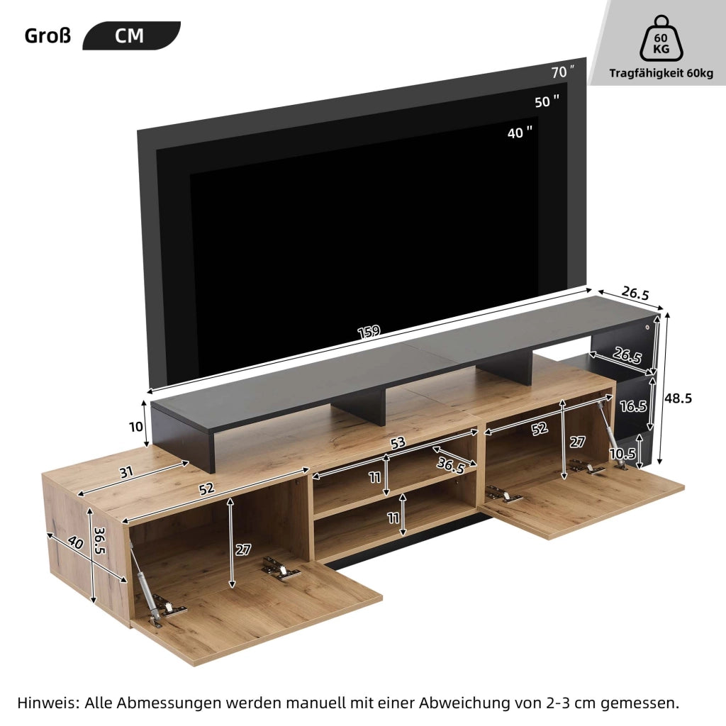 Mobile TV con 2 ante ribaltabili; vani aperti e LED per soggiorno e camera da letto; 190×40×48.5 cm