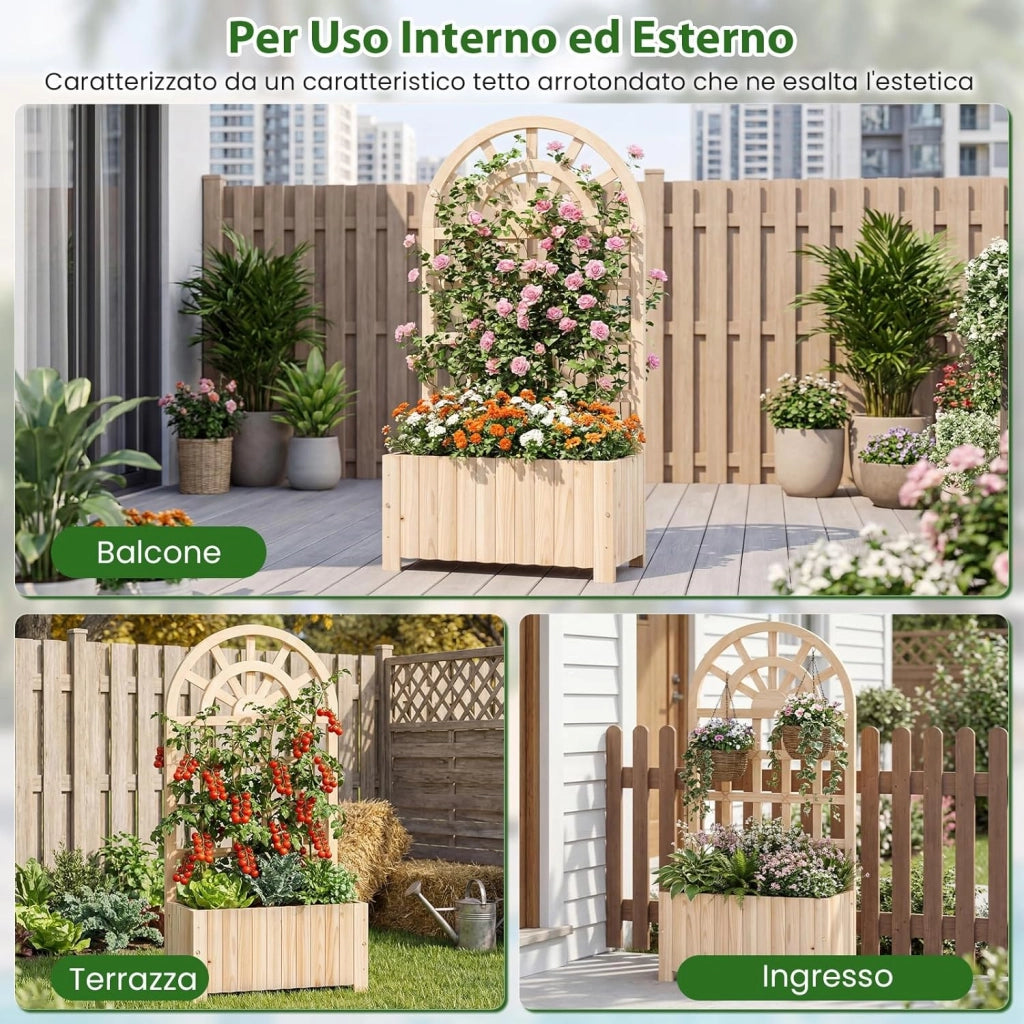 Letto da Giardino Rialzato in Legno con Traliccio, Fioriera da Esterno con Spalliera e Fori di Drenaggio, Aiuola Elevata per Piante Rampicanti, Fiori e Verdure (Naturale,61 x 30 x 121 cm)