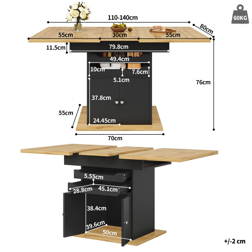 Tavolo da Pranzo per 4-6 Persone con 2 Cassetti e 1 Vano Contenitore Allungabile in MDF 110-140×80×76 cm