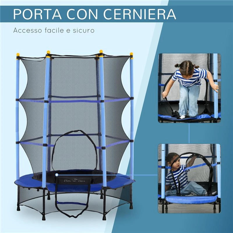 TAPPETO ELASTICO PER BAMBINI CON RETE DI SICUREZZA E PALI IMBOTTITI ETÀ 3-10 ANNI Ø 140 X 190 CM BLU