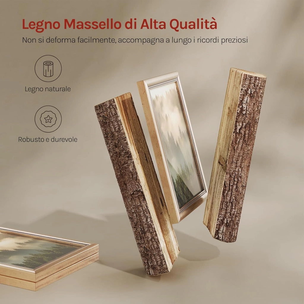 Set di 5 Cornici Foto 50x70 cm con Passepartout, Portafoto da Parete e Tavolo, Verticale o Orizzontale, in Legno Massiccio, Oro