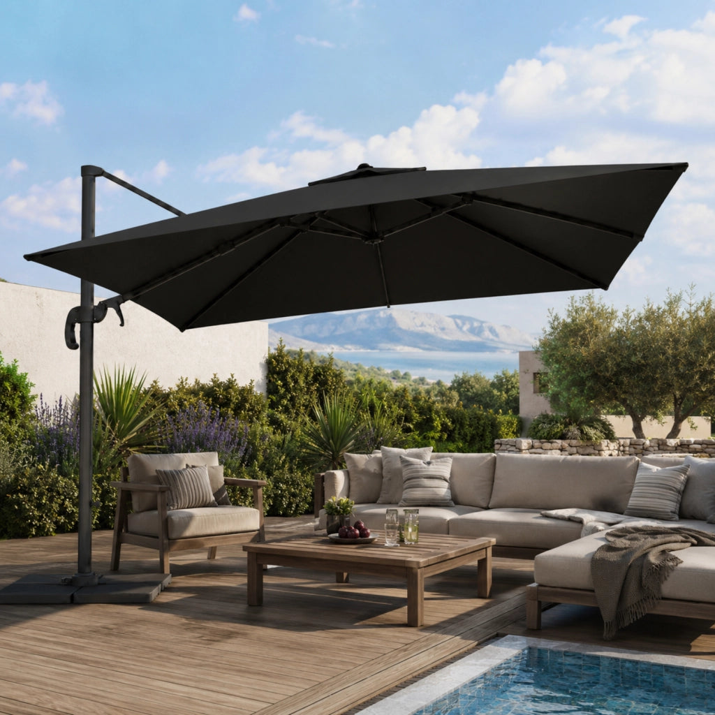 Ombrellone 3x3 M Giardino Braccio Retrattile Per Esterni Gazebo Piscina Terrazze Bar Hotel In Acciaio Inossidabile Braccio Rotabile 360° Telo 180 G/M2 Impermeabile Resistente Ai Raggi UV Nero