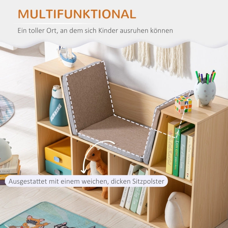 Scaffale per bambini con panca e 6 scomparti, include 3 cuscini, grigio/naturale, 103x30x62 cm, da 3 anni