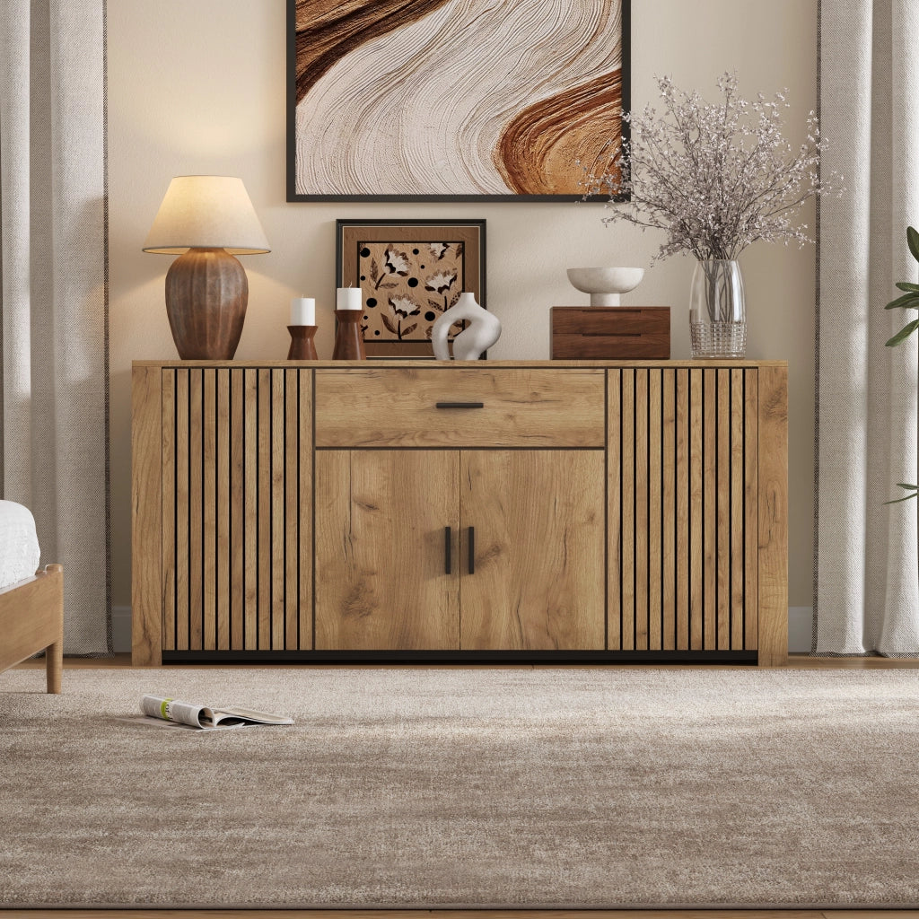 Credenza con 4 ante, 1 cassetto e ripiani regolabili, per soggiorno, in pannello truciolare rovere, 160 × 40 × 75 cm