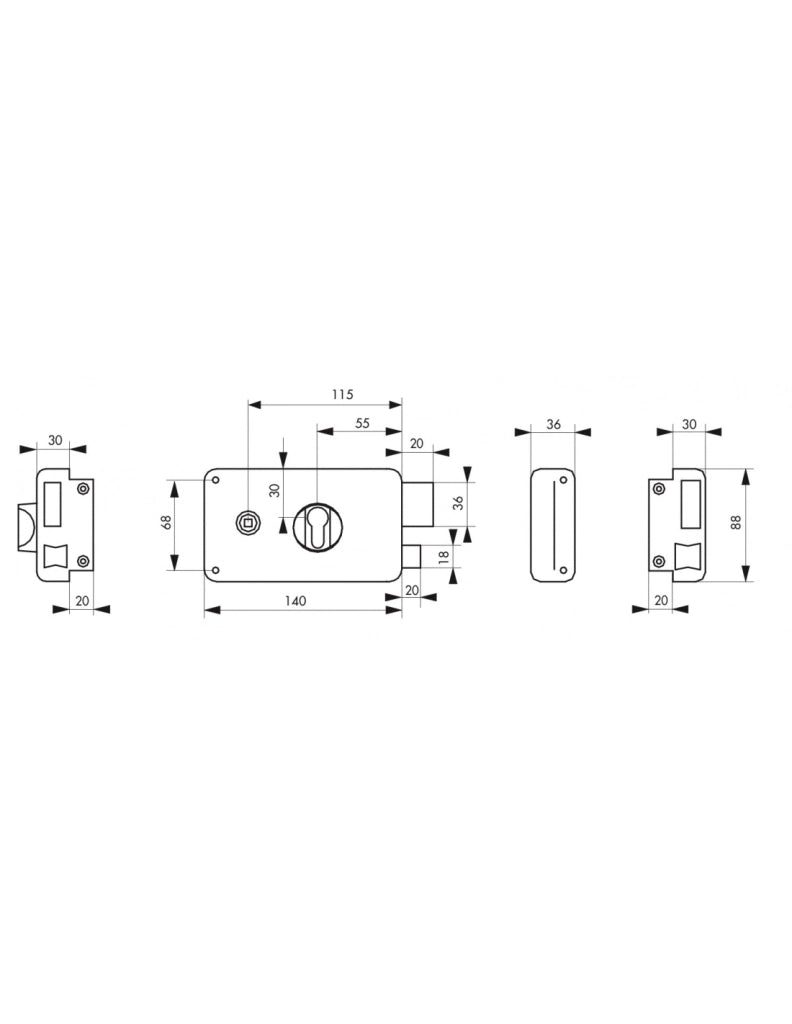 Cassa serratura CP con quadro maniglia 140 x 88 mm, destra, asse 55 mm – THIRARD