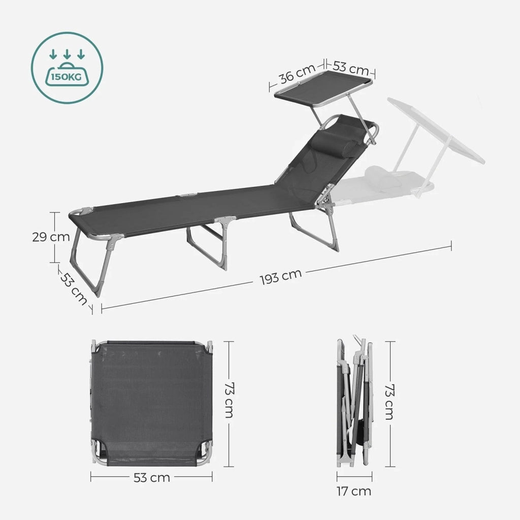 Lettino prendisole/sdraio con materasso da 3 cm cuscino per lo schienale e ombrellone inclinabile pieghevole 53 x 193 x 29,5 cm portata 150 kg per giardino nero 12_0001537