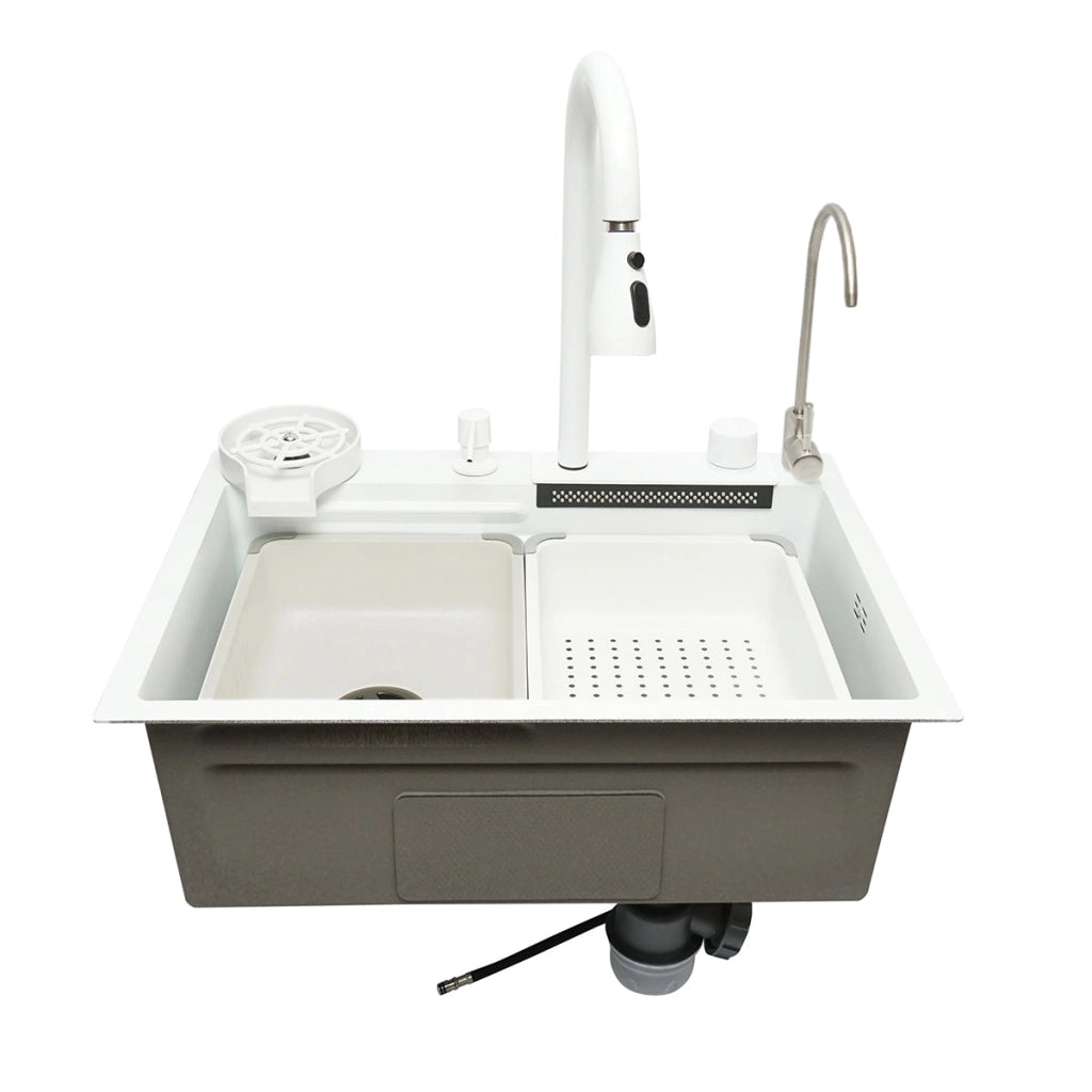 Lavello da cucina multifunzionale in acciaio inox con due rubinetti, funzione cascata, lavapentole, dispenser di sapone, scolapiatti, vassoio, tagliere e accessori di scarico inclusi, dimensioni 60×45×22 cm.