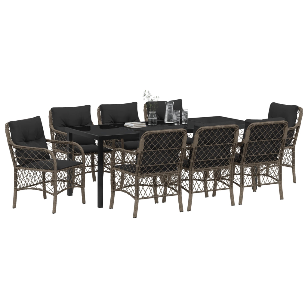 Set di 9 Pezzi per Pranzo da Giardino con Cuscini Grigio Polyrattan