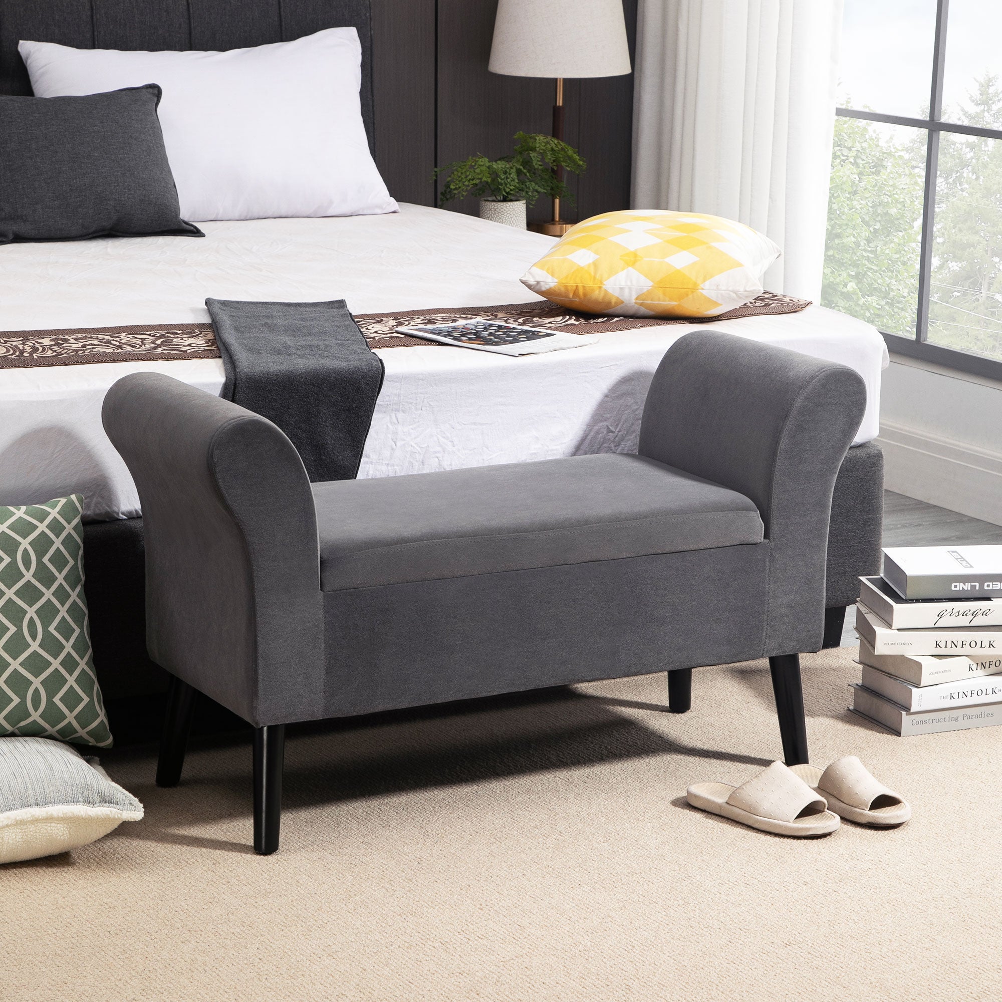 Panca Pouf Contenitore Imbottita 111,5x41x65 cm in Tessuto Grigio