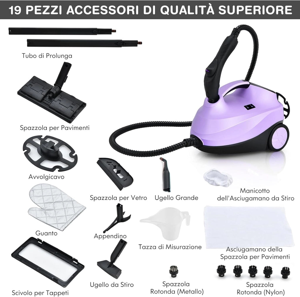 2000W Pulitore a Vapore con 19 Accessori e Serbatoio da 1,5L, Vapore per Tappeti, per Pulizie Profonde Pavimenti Finestre e Macchine (viola)
