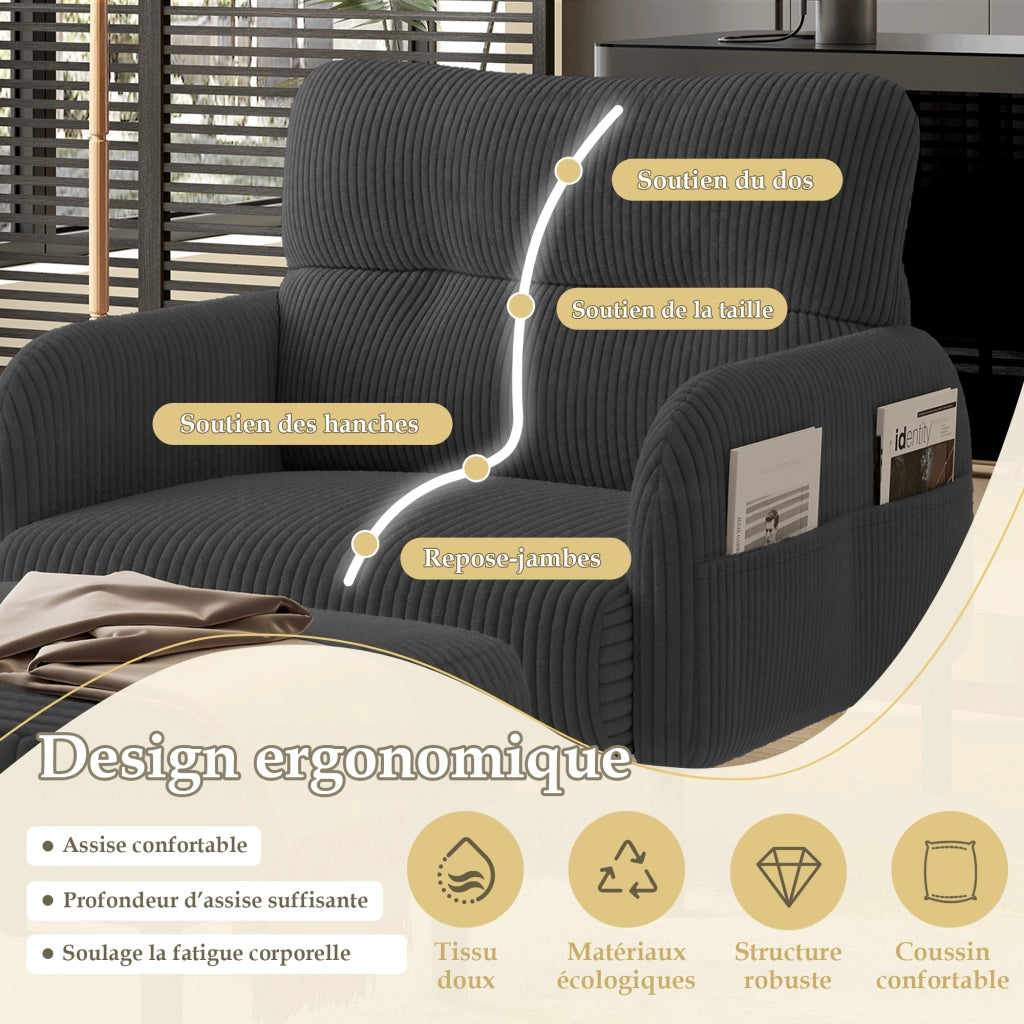 Poltrona Singola con Seduta Profonda e Tasca Laterale Schienale Ergonomico Struttura in Metallo in Velluto a Coste Grigio