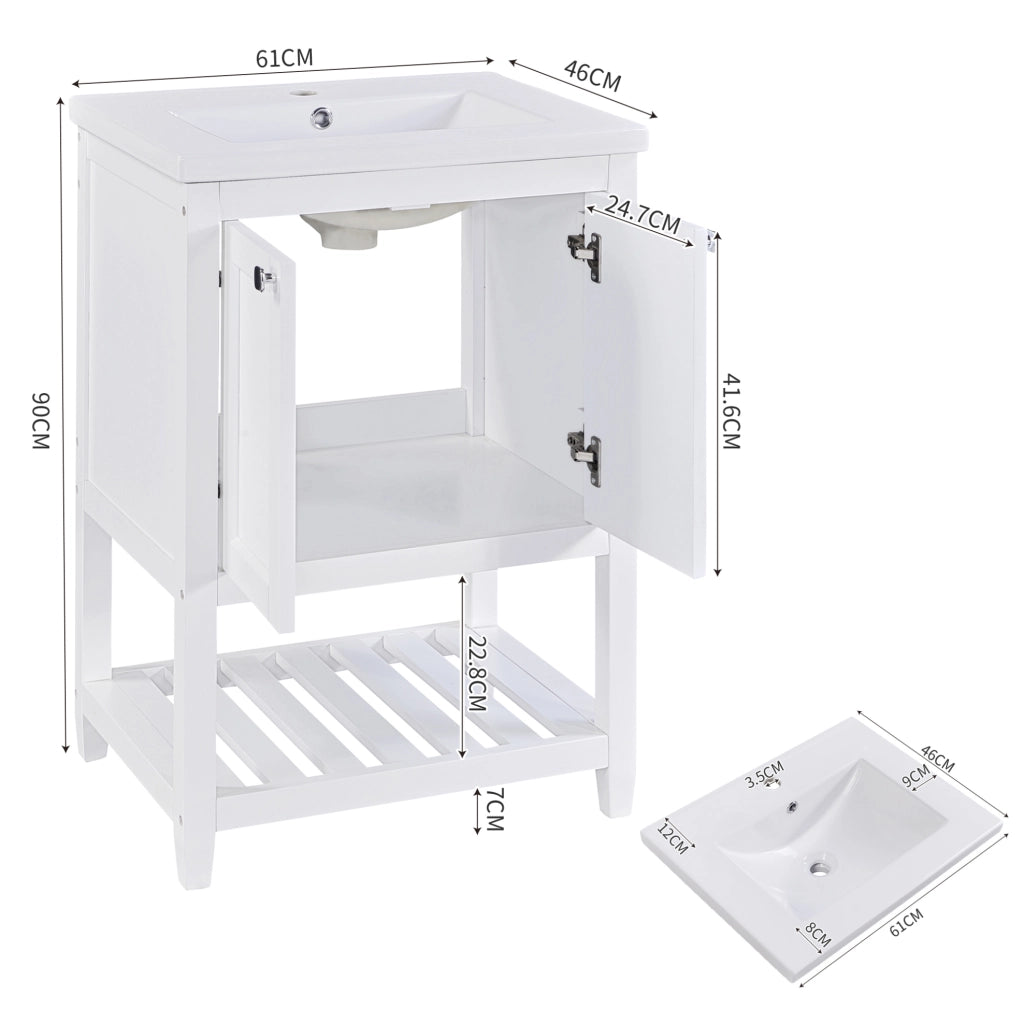 Mobile bagno con lavabo in ceramica 61x46x90 cm; bianco; in legno massello e MDF