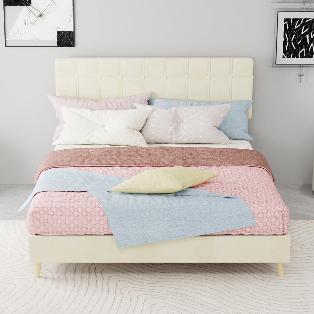 Letto matrimoniale imbottito in velluto beige dimensioni 140x200 cm
