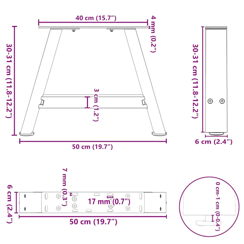 Set di 2 gambe per tavolino da caffè a forma di A 50 x 30 cm con piedini regolabili stile moderno acciaio nero 02_0057099