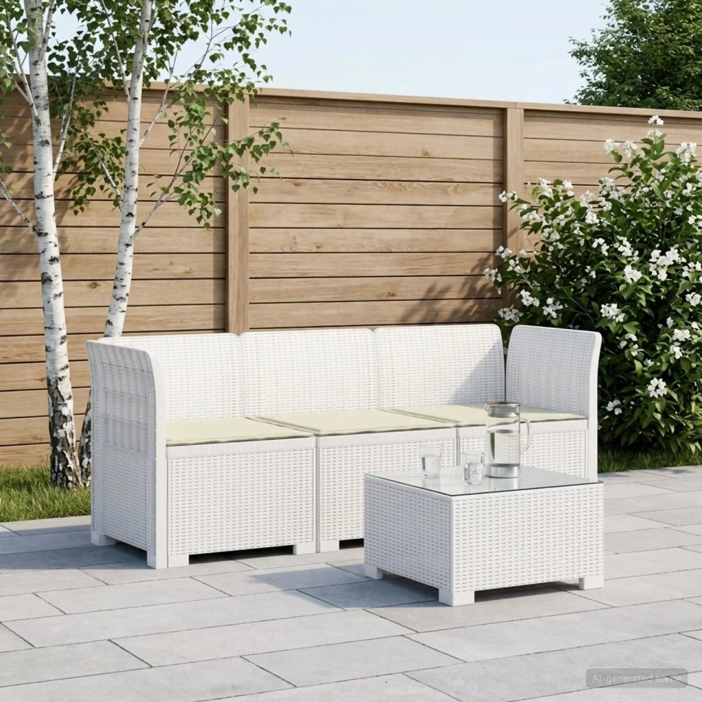 Divano da esterno-Divano da Giardino 3 posti con cuscini in look rattan PP Bianco 302690