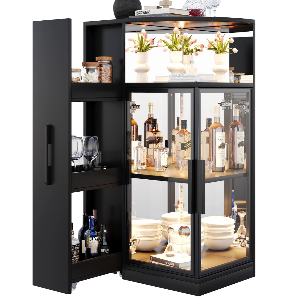 Vetrina in vetro con LED multicolore e armadio laterale estraibile nero 64 × 42 × 112 cm