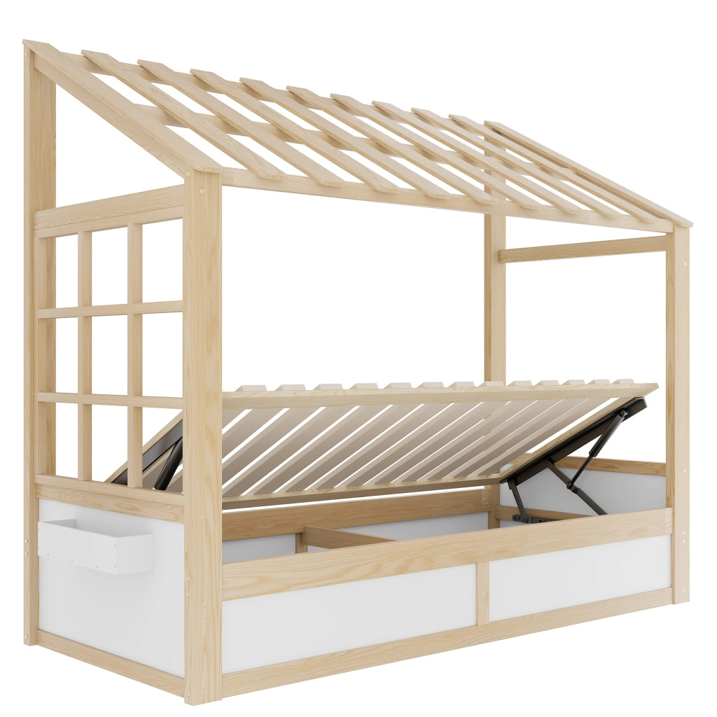 LETTO Bambini 90 x 200 cm in legno bianco e naturale con tetto, finestre e contenitore idraulico