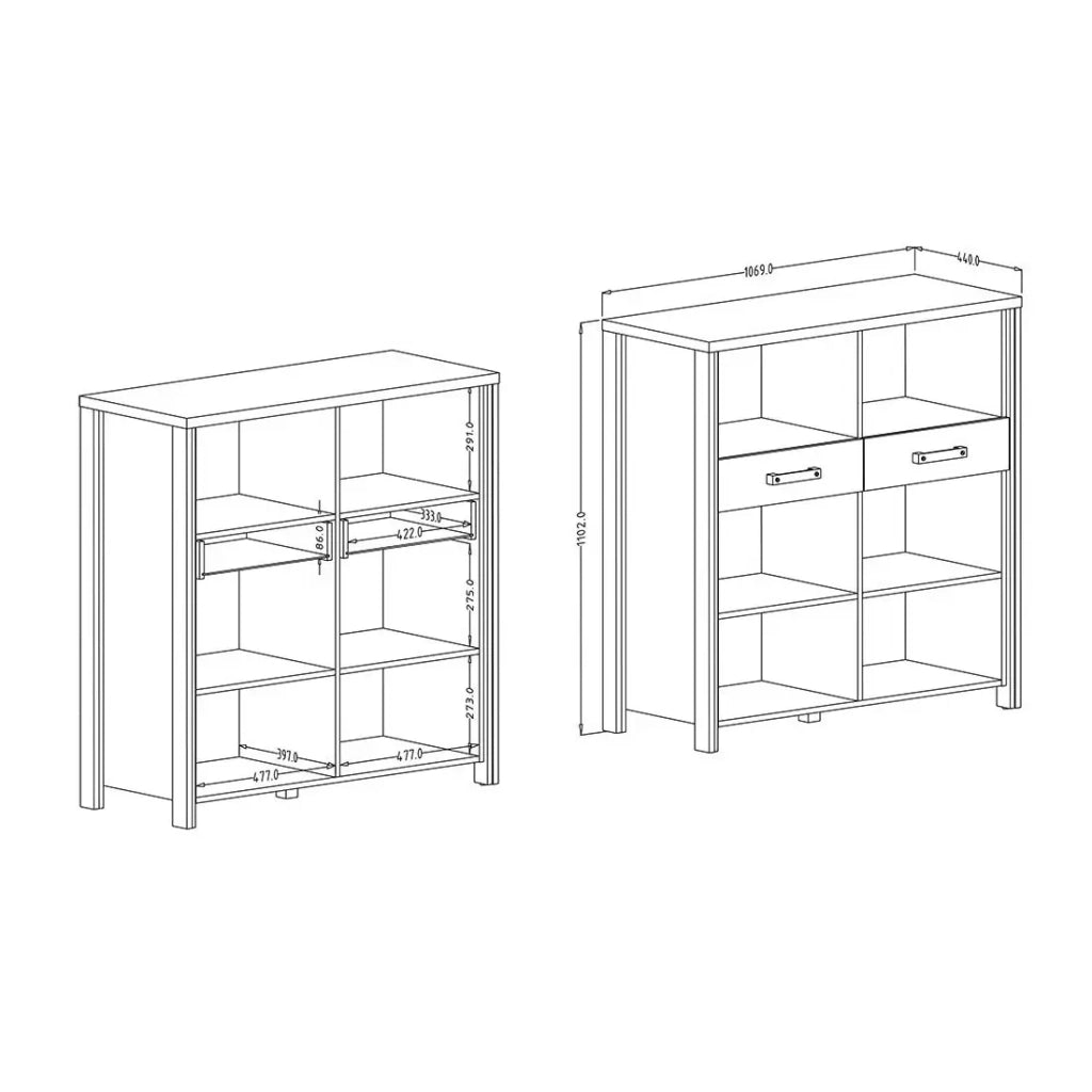 Buffet aperto WINDSOR - Rovere scuro e grigio antracite - 6 vani, 2 cassetti - 106.9 x 110.2 x 44 cm