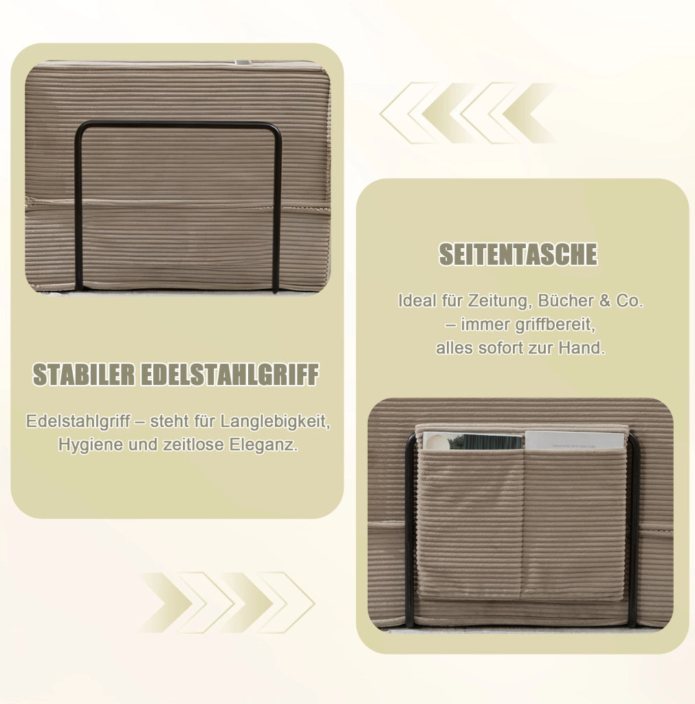 Divano pouf modulare in tessuto effetto corduroy color khaki; 162x78x66 cm; con 2 cuscini