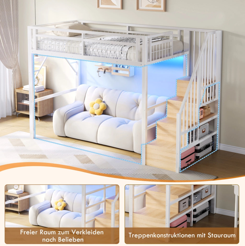 Letto a soppalco 90x200 cm con LED, scale contenitore, bianco