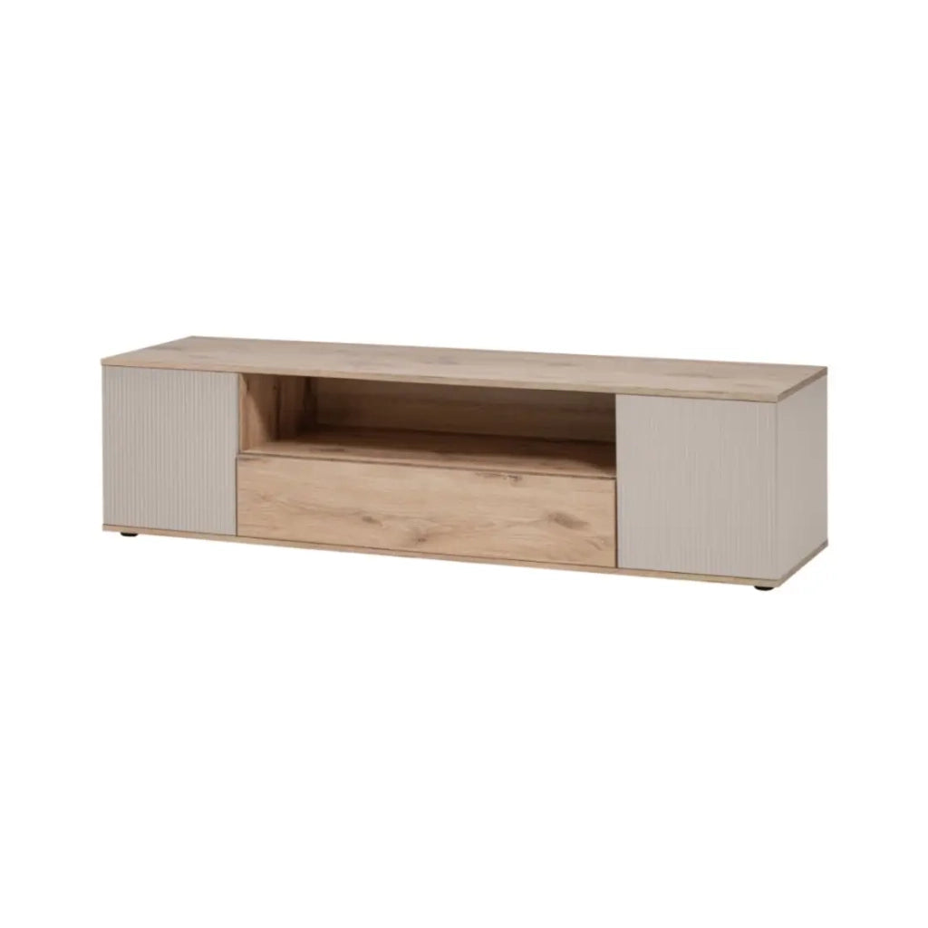 Mobile TV ERINA - 2 ante e 1 cassetto - Rovere chiaro e beige - 160 cm