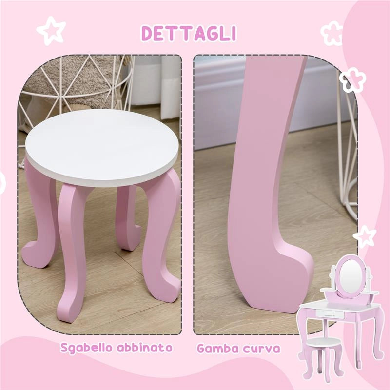 SET TOELETTA TRUCCO PER BAMBINI CON TAVOLINO CON SPECCHI E SGABELLO, ETÀ 3-6 ANNI, ROSA