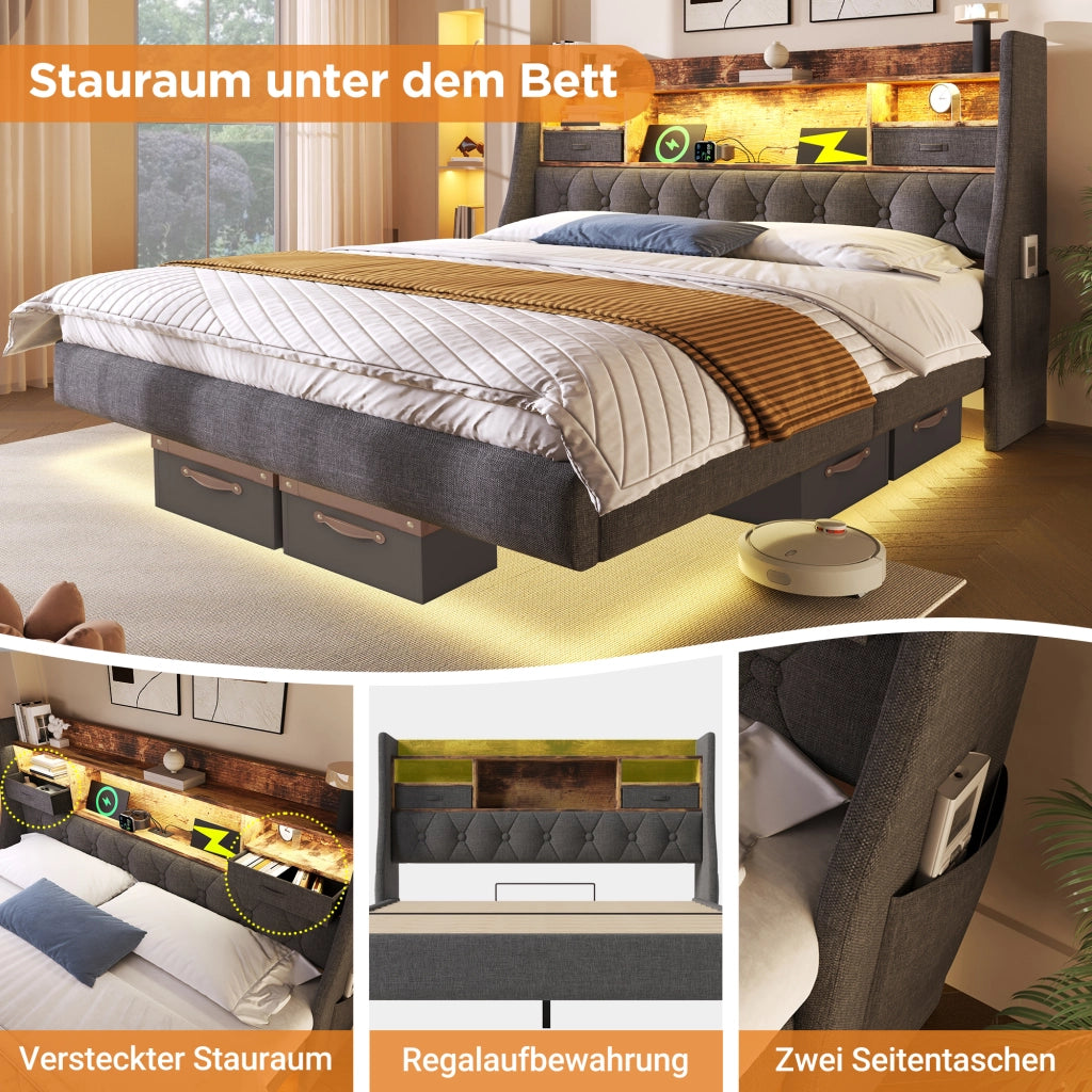 OKWISH Letto Imbottito 180×200 cm, Letto Matrimoniale con LED Regolabile, USB, Tipo C e Mensole, senza Materasso, in Lino, Grigio