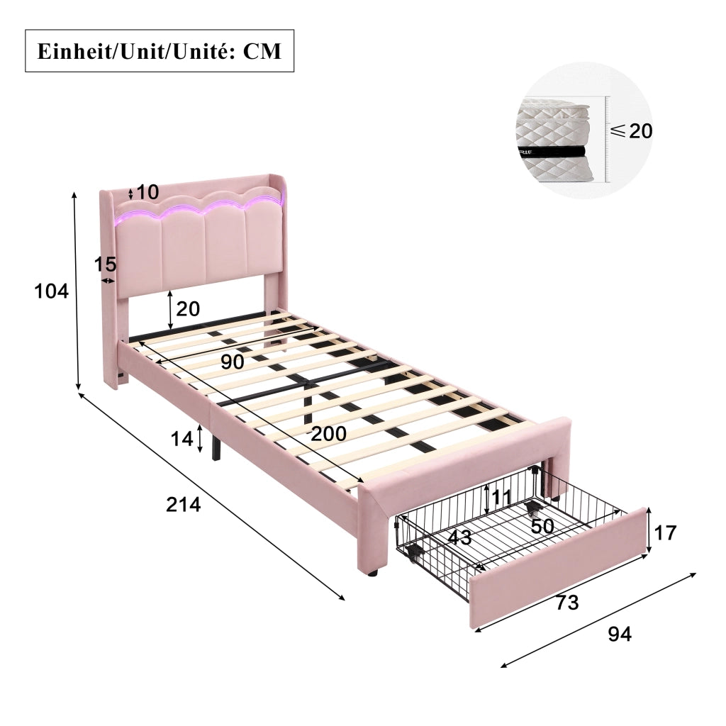 letto imbottito velluto rosa 90 x 200 cm