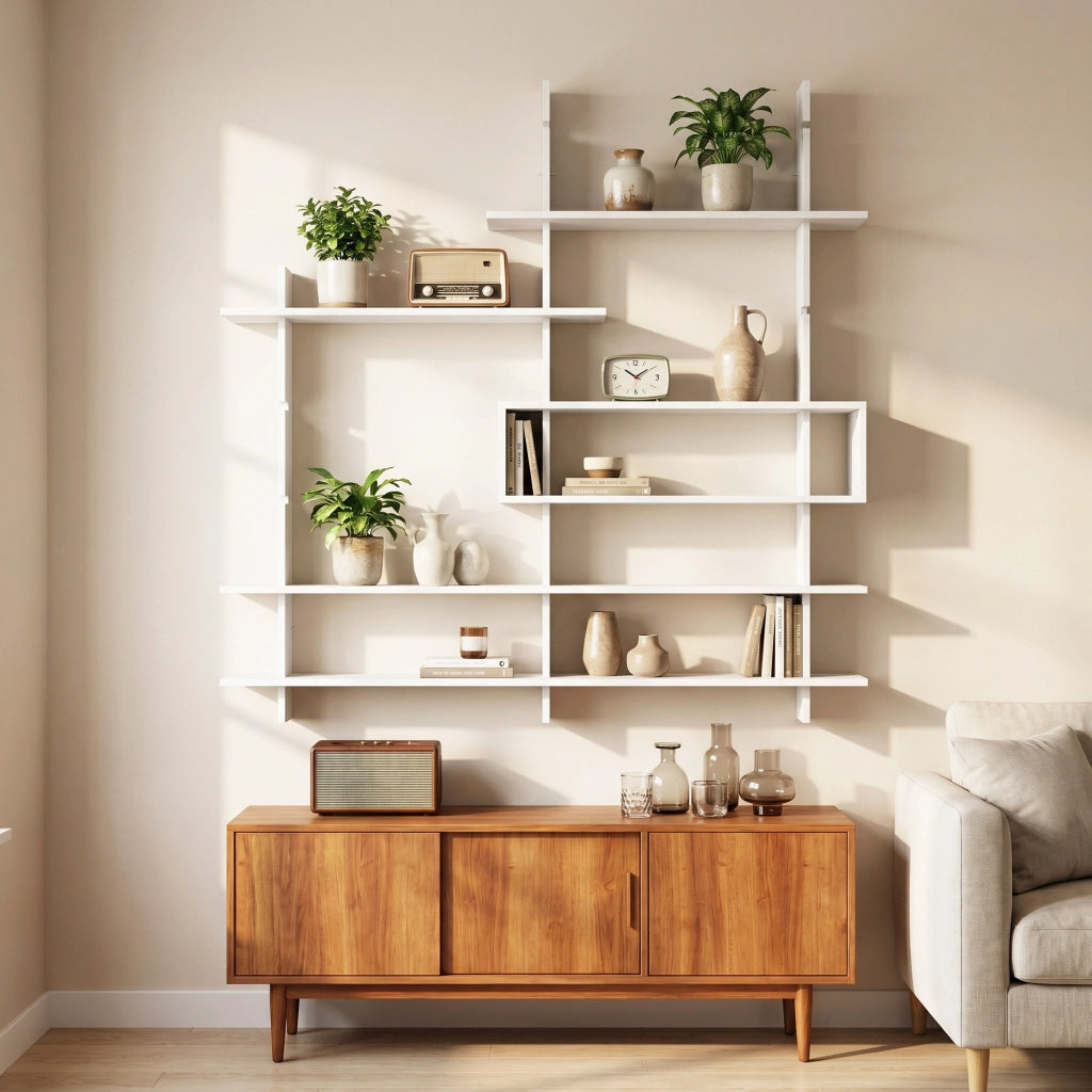 Libreria da Parete Geometrica con 4 Ripiani e Cella Centrale 136x20x140 cm Bianca